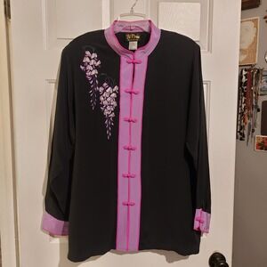 Bob Mackie Wearable Art Silk Blouse Black Floral Wisteria FrogClosure 1X A103100